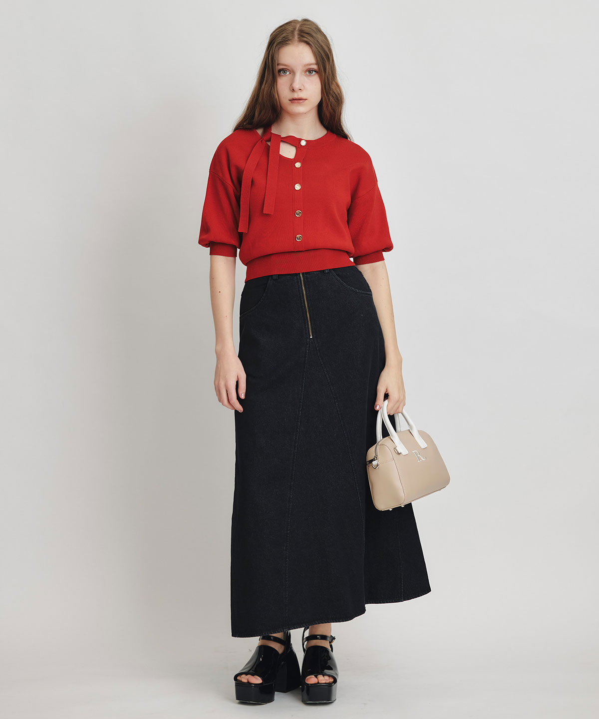 REDYAZEL「アシメカットデザインハーフスリーブニットプルオーバー」|ニット・セーター|