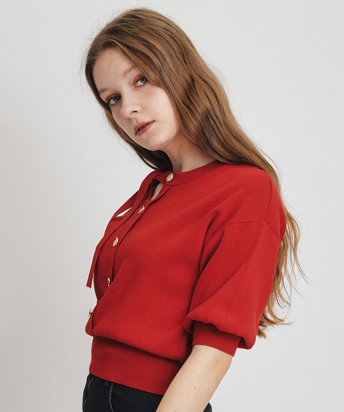 REDYAZEL「アシメカットデザインハーフスリーブニットプルオーバー」|ニット・セーター|