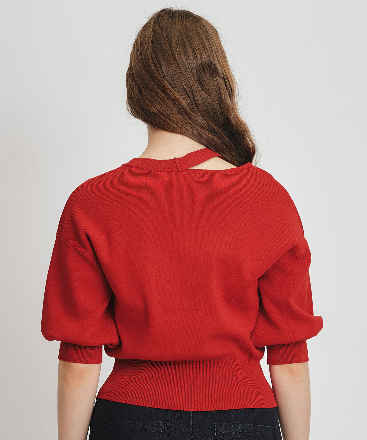 REDYAZEL「アシメカットデザインハーフスリーブニットプルオーバー」|ニット・セーター|