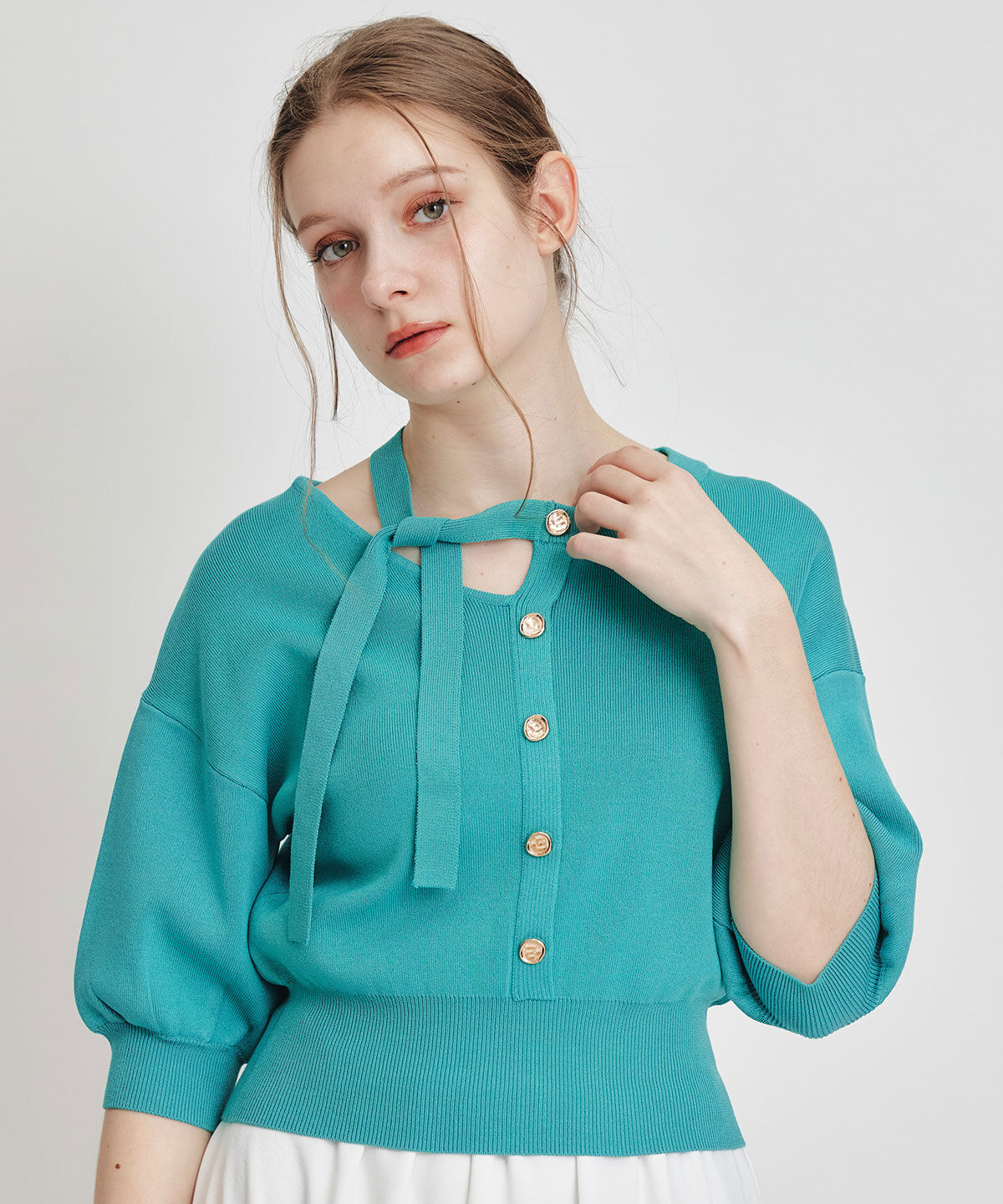 REDYAZEL「アシメカットデザインハーフスリーブニットプルオーバー」|ニット・セーター|グリーン