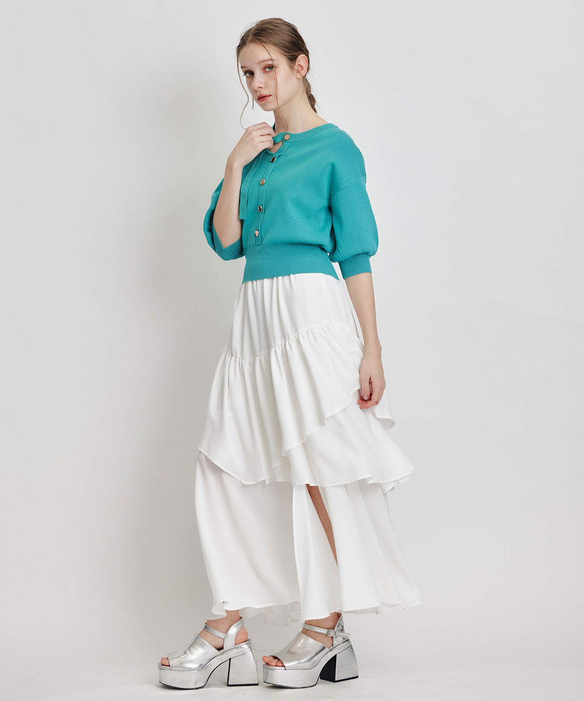 REDYAZEL「アシメカットデザインハーフスリーブニットプルオーバー」|ニット・セーター|