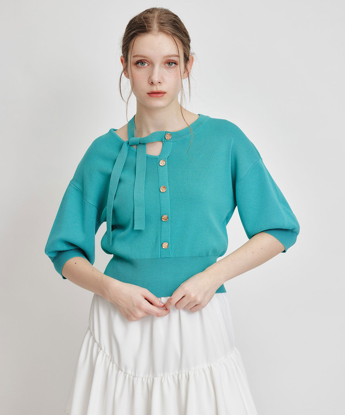 REDYAZEL「アシメカットデザインハーフスリーブニットプルオーバー」|ニット・セーター|