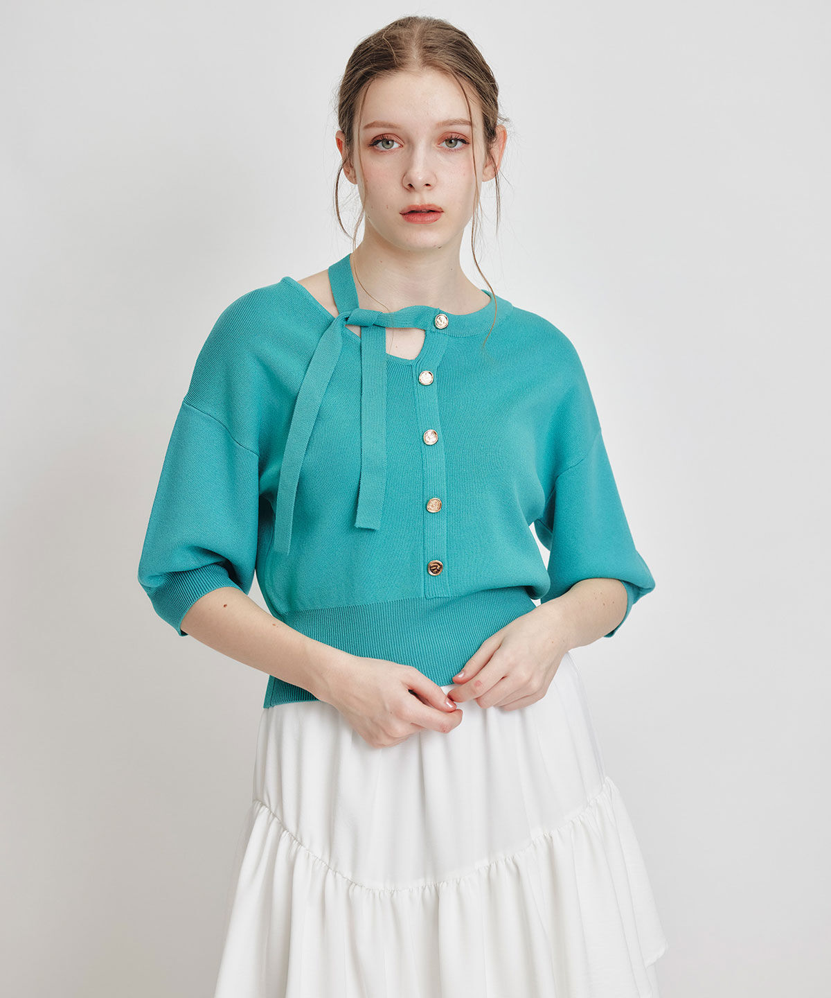 REDYAZEL「アシメカットデザインハーフスリーブニットプルオーバー」|ニット・セーター|