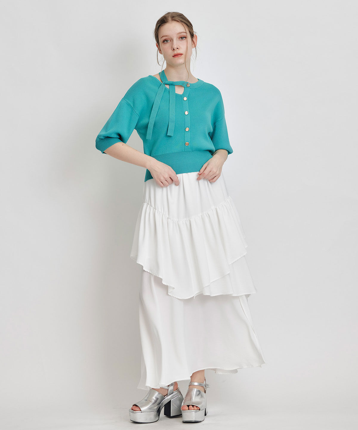 REDYAZEL「アシメカットデザインハーフスリーブニットプルオーバー」|ニット・セーター|