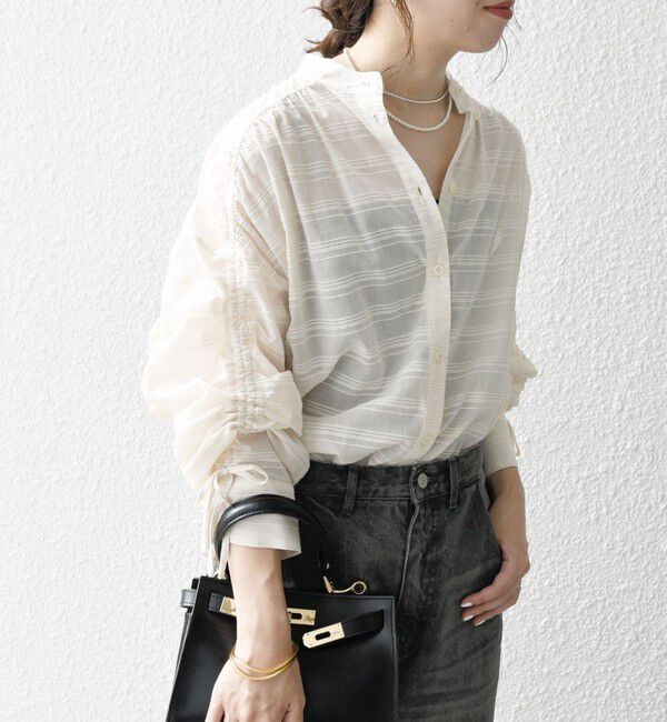 SHIPS any「SHIPS any: シアー ジャカード シャーリング バンドカラー シャツ」|シャツ・ブラウス|