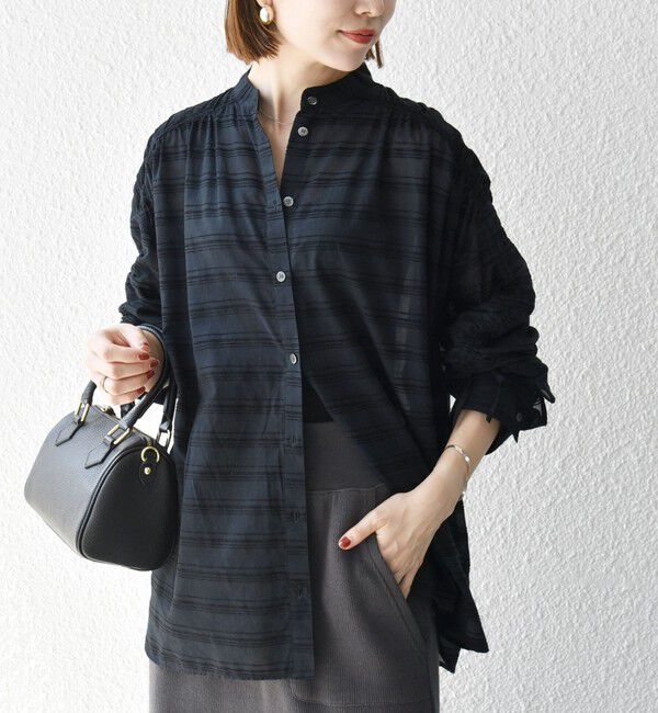 SHIPS any「SHIPS any: シアー ジャカード シャーリング バンドカラー シャツ」|シャツ・ブラウス|