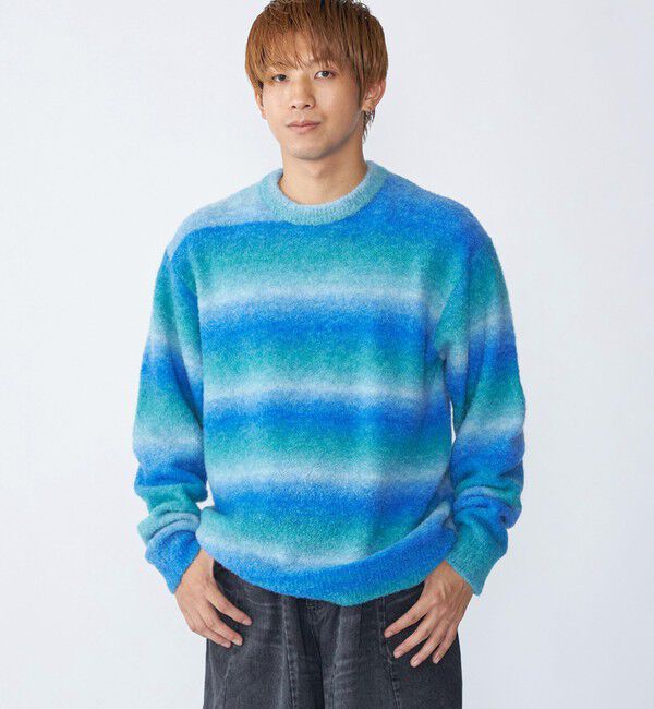 SHIPS「City Ambient Products: 〈手洗い可能〉グラデーション オンブレ ボーダー クルーネック ニット」|ニット・セーター|ブルー