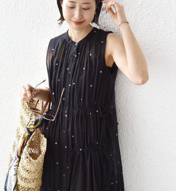 SHIPS for women「《予約》〈手洗い可能〉コットン オーガンジー 刺繍 ウエスト ドロスト ワンピース」|ワンピース|ブラック
