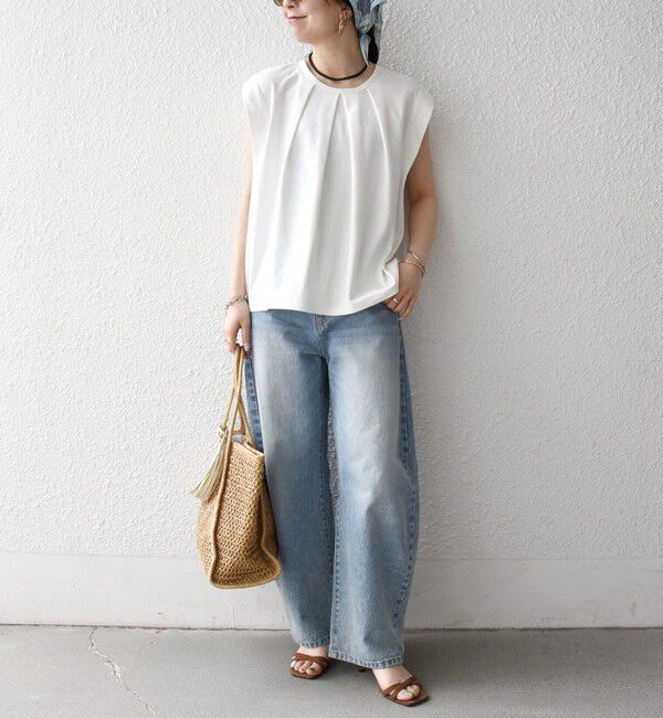 SHIPS any「《予約》SHIPS any:〈接触冷感/汗染み防止加工/洗濯機可能〉タック フレア ノースリーブ TEE」|Tシャツ・カットソー|