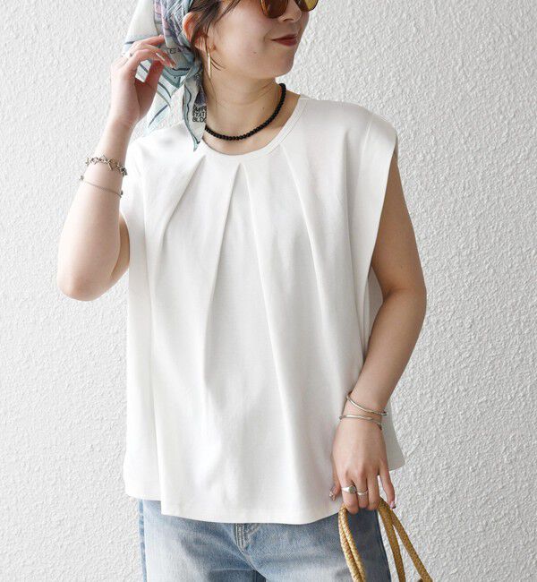 SHIPS any「《予約》SHIPS any:〈接触冷感/汗染み防止加工/洗濯機可能〉タック フレア ノースリーブ TEE」|Tシャツ・カットソー|