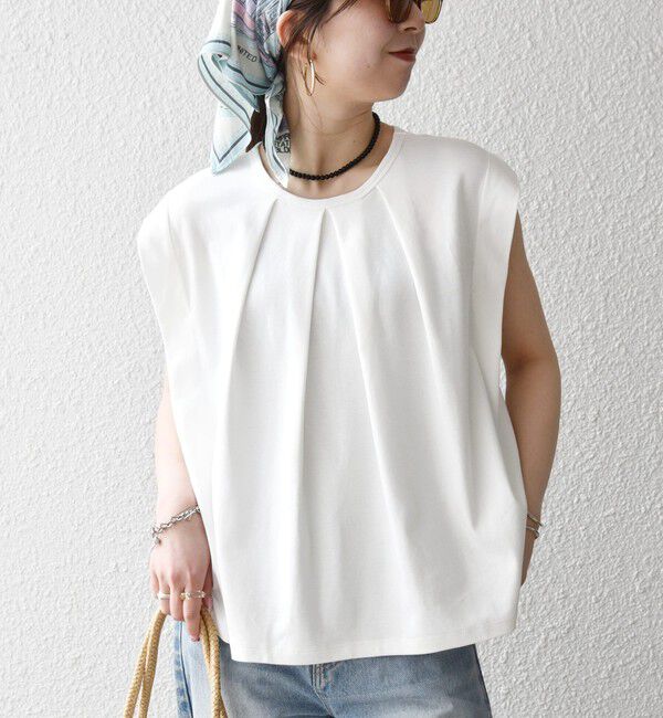 SHIPS any「《予約》SHIPS any:〈接触冷感/汗染み防止加工/洗濯機可能〉タック フレア ノースリーブ TEE」|Tシャツ・カットソー|