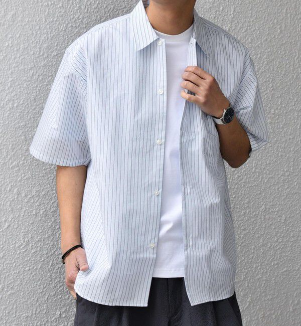 SHIPS any「SHIPS any: JAPAN MADE ブルー ストライプ/ソリッド レギュラーカラー 半袖 シャツ◆」|シャツ・ブラウス|