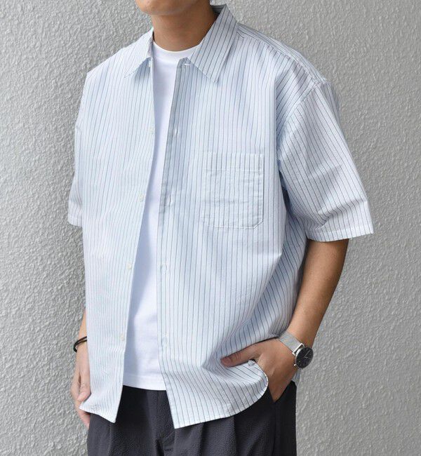 SHIPS any「SHIPS any: JAPAN MADE ブルー ストライプ/ソリッド レギュラーカラー 半袖 シャツ◆」|シャツ・ブラウス|