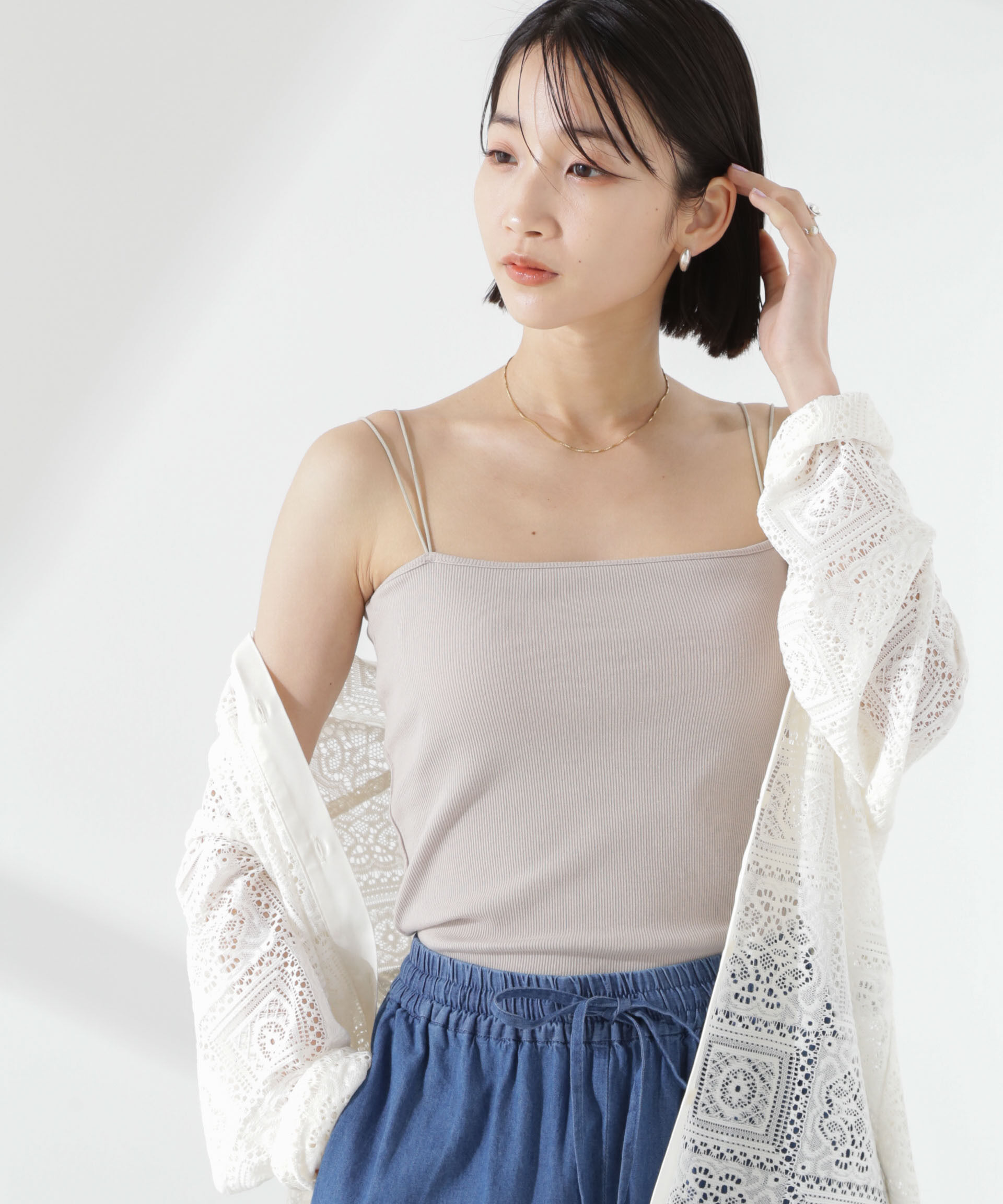 nano･universe「抗菌防臭リブカップ付きダブルストラップキャミソール」|Tシャツ・カットソー|グレージュ3