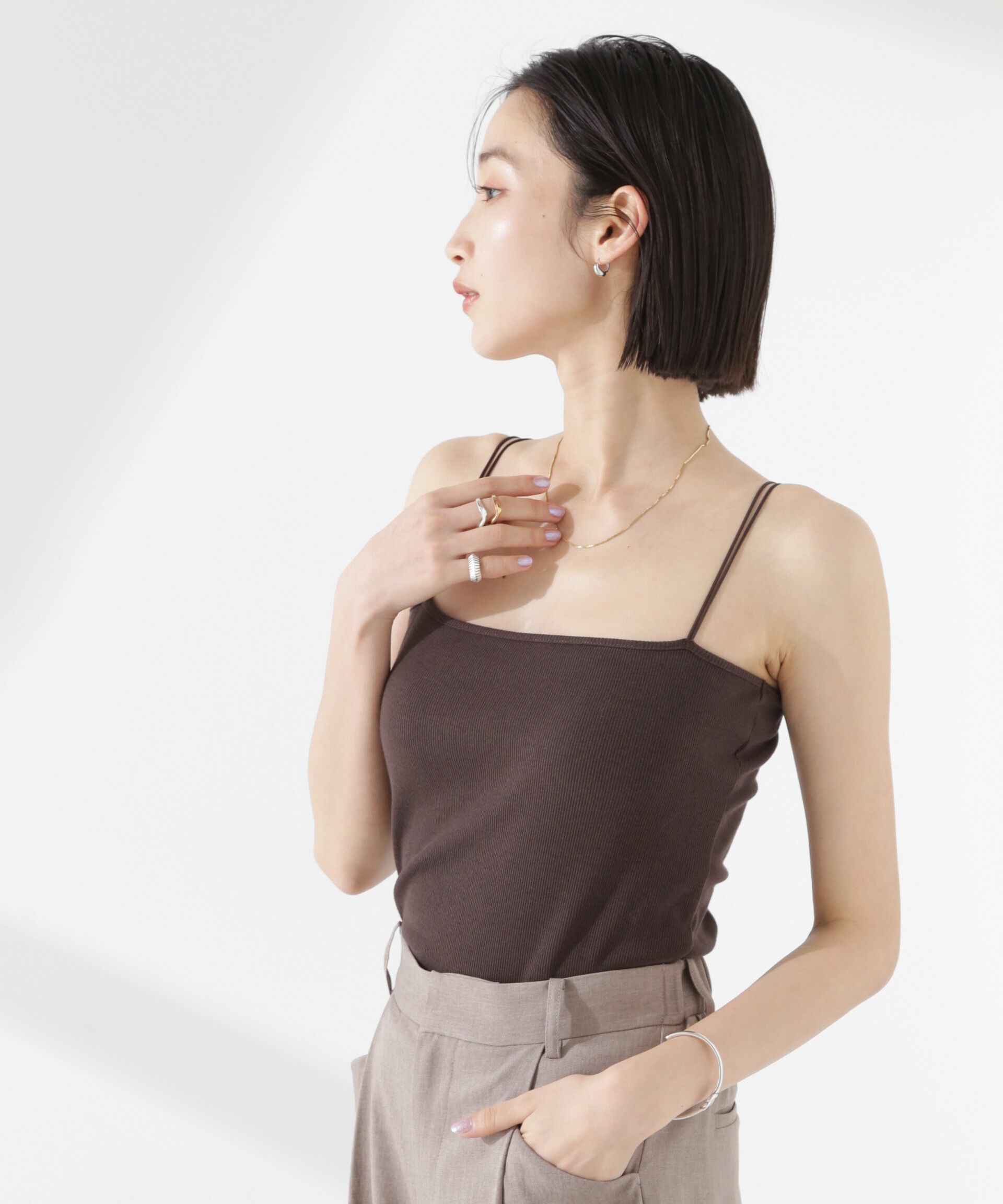 nano･universe「抗菌防臭リブカップ付きダブルストラップキャミソール」|Tシャツ・カットソー|