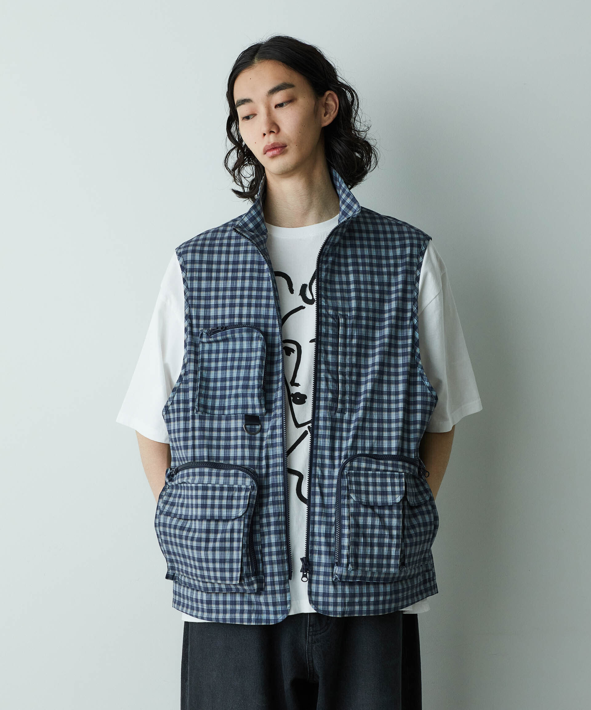 nano･universe「「HOTEL PALACE」オテルパラス デジタルプリントトラベルチェックベスト」|ダウンベスト・ベスト|