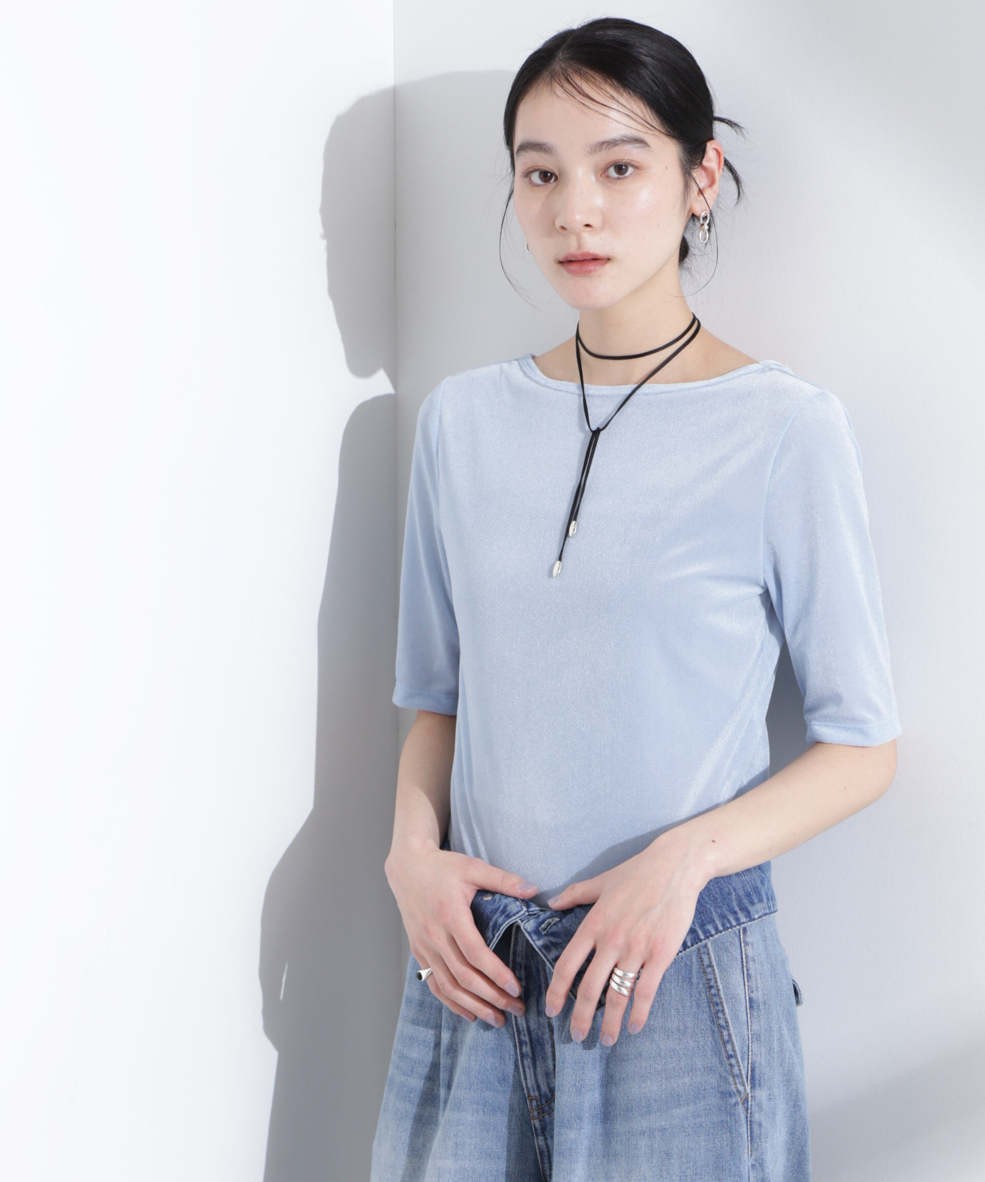 nano･universe「シアーベロアバックオープン5分袖Tシャツ」|Tシャツ・カットソー|L.ブルー1