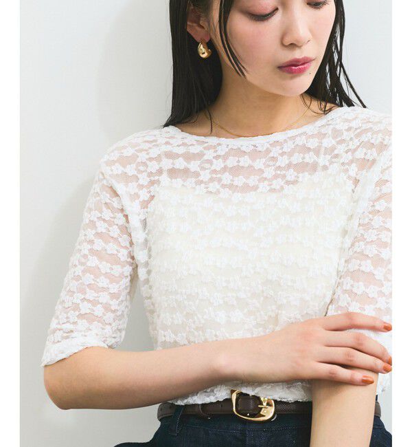 VIS「【前後2WAY】レース五分袖シアーカットプルオーバー」|Tシャツ・カットソー|オフホワイト(15)