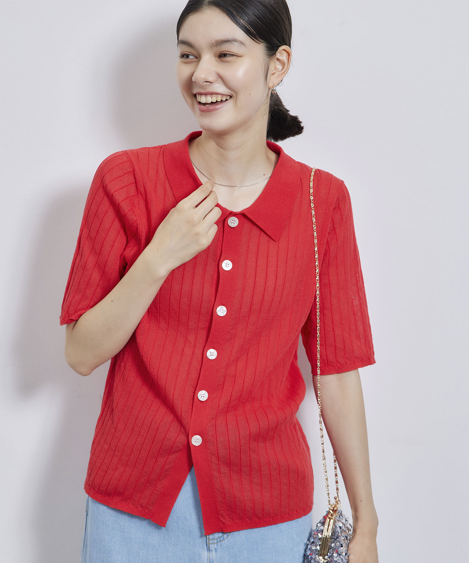 Rope&rsquo;Picnic「ハーフスリーブシアーポロニット」|ニット・セーター|