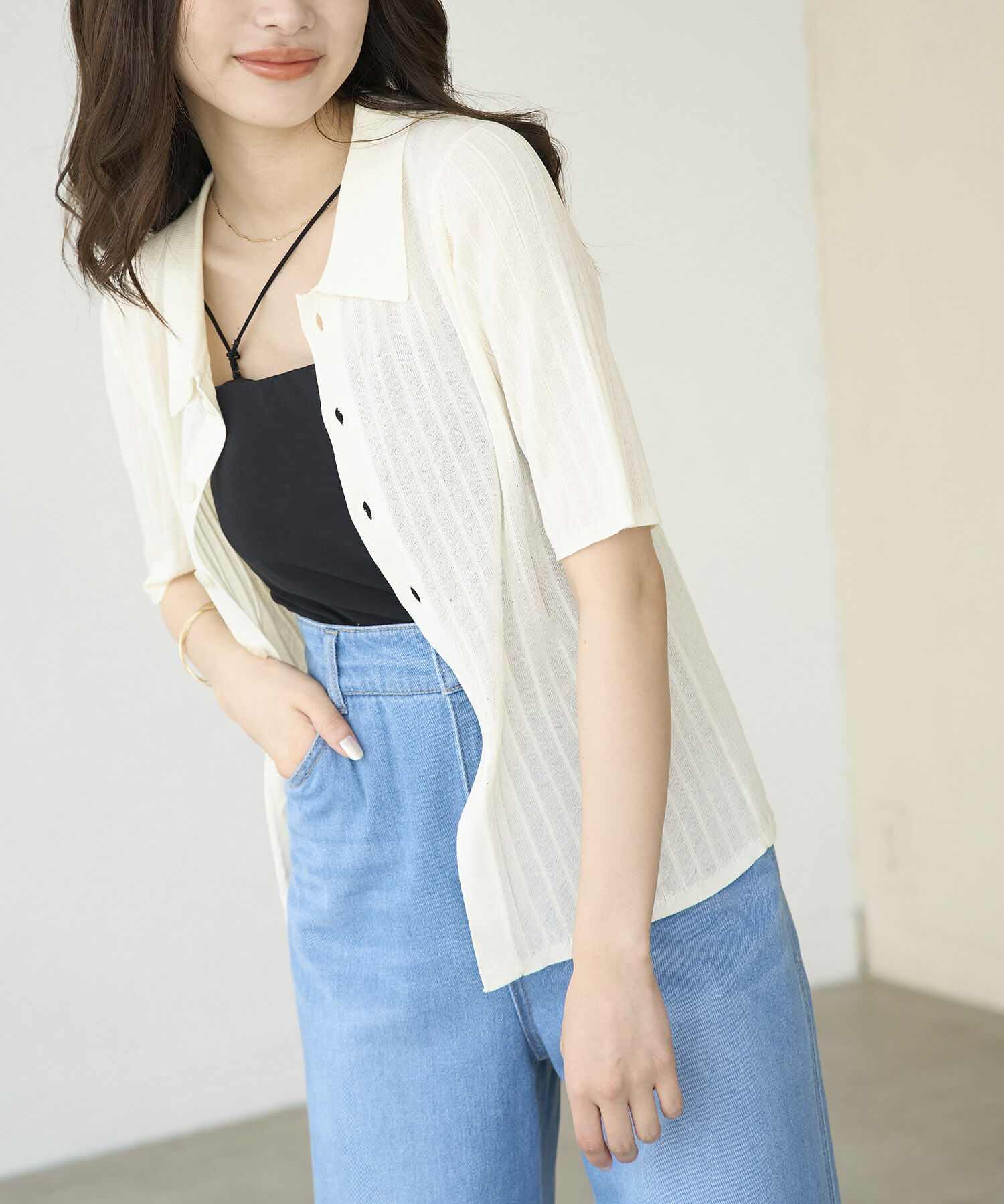 Rope&rsquo;Picnic「ハーフスリーブシアーポロニット」|ニット・セーター|