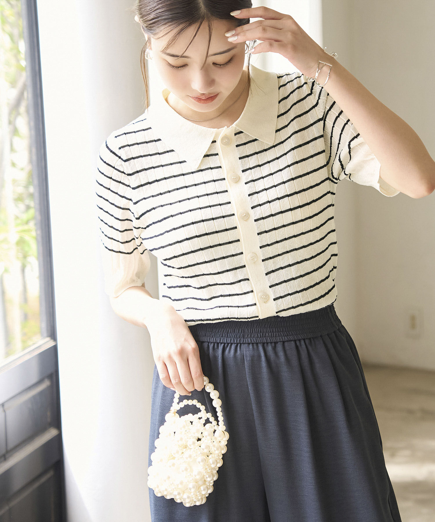 Rope&rsquo;Picnic「ハーフスリーブシアーポロニット」|ニット・セーター|