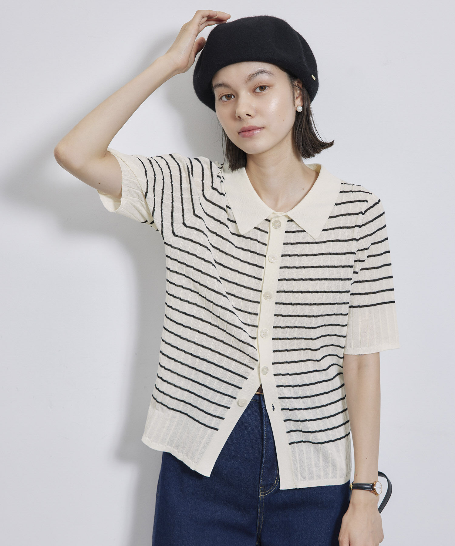 Rope&rsquo;Picnic「ハーフスリーブシアーポロニット」|ニット・セーター|