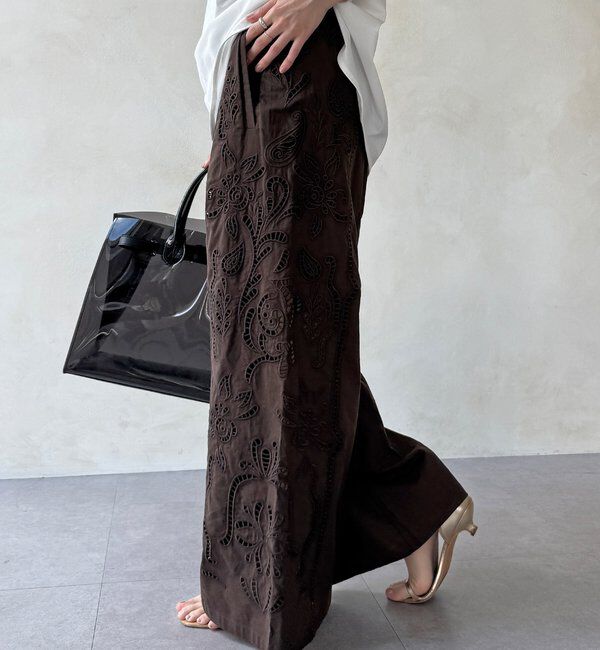  「刺繍レースコットンパンツ」|チノ|ブラウン