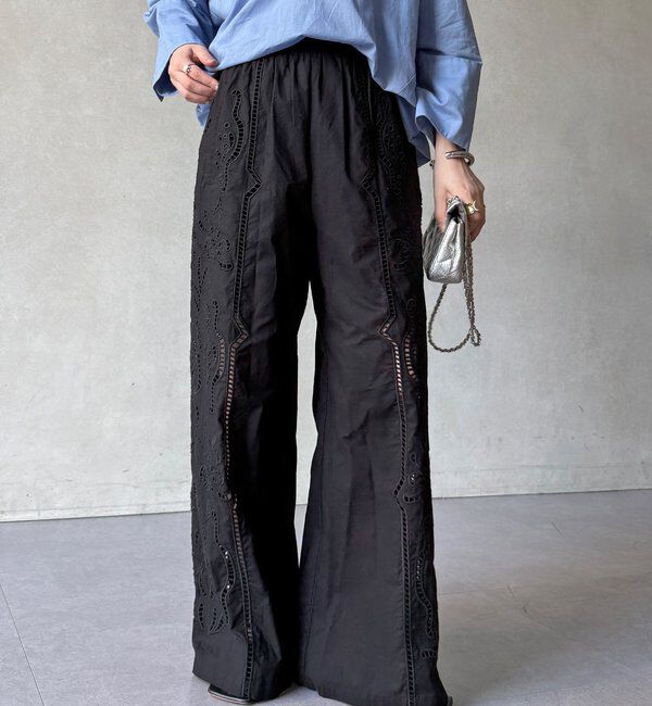  「刺繍レースコットンパンツ」|チノ|ブラック