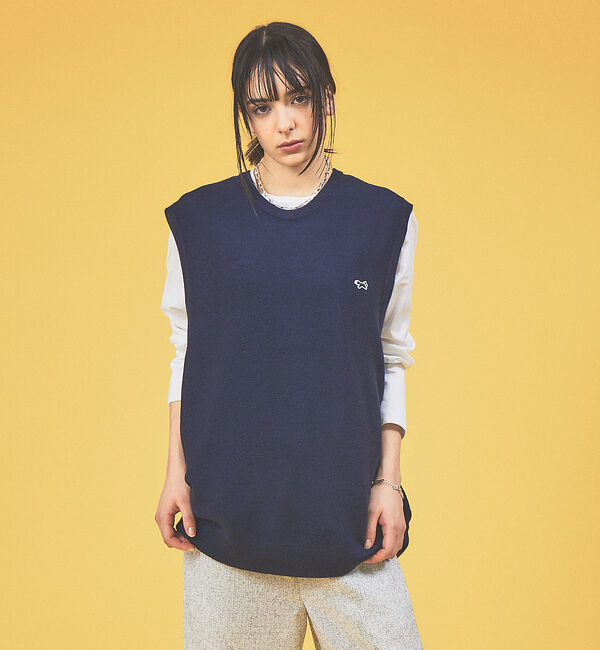ABAHOUSE「PENNEYS /ペニーズ FOXワンポイントワッペン / Uネックベスト」|ニット・セーター|ネイビー