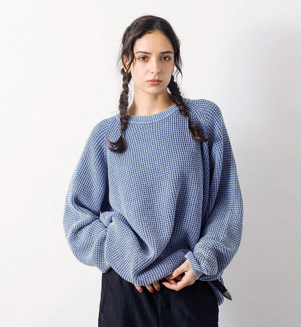 ABAHOUSE「【Revo.レボ】パウダーブリーチ加工ワッフルコットンニットクルー/ユニセックス」|ニット・セーター|ブルー
