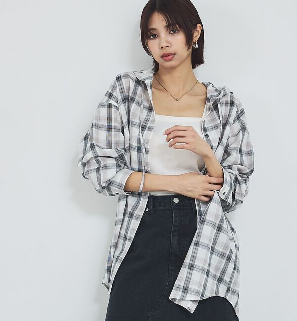 abahouse mavie「【シアー素材】チェックフードシャツ/春服/夏服/ゆったり/羽織り」|シャツ・ブラウス|