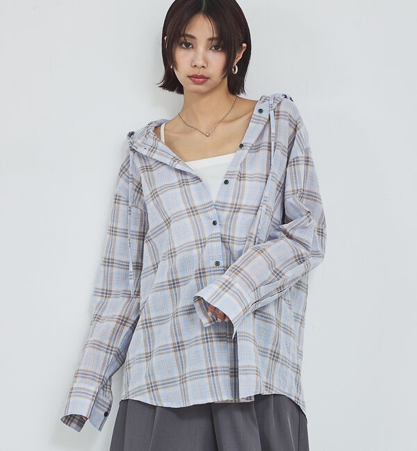 abahouse mavie「【シアー素材】チェックフードシャツ/春服/夏服/ゆったり/羽織り」|シャツ・ブラウス|