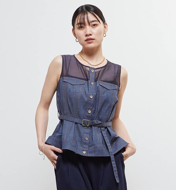 Soffitto「異素材使いノースリブラウス」|シャツ・ブラウス|インディゴブルー