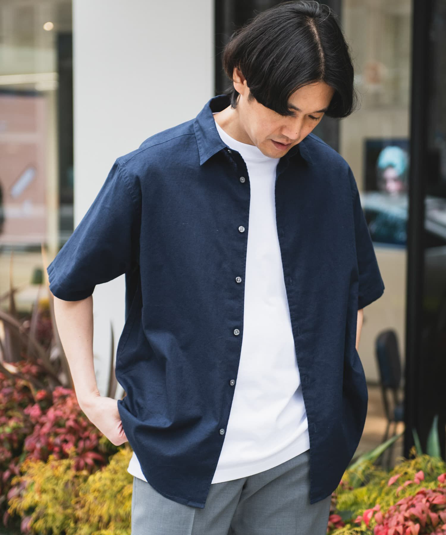 URBAN RESEARCH DOORS「ヘンプコットン レギュラーカラーシャツ」|シャツ・ブラウス|ネイビー