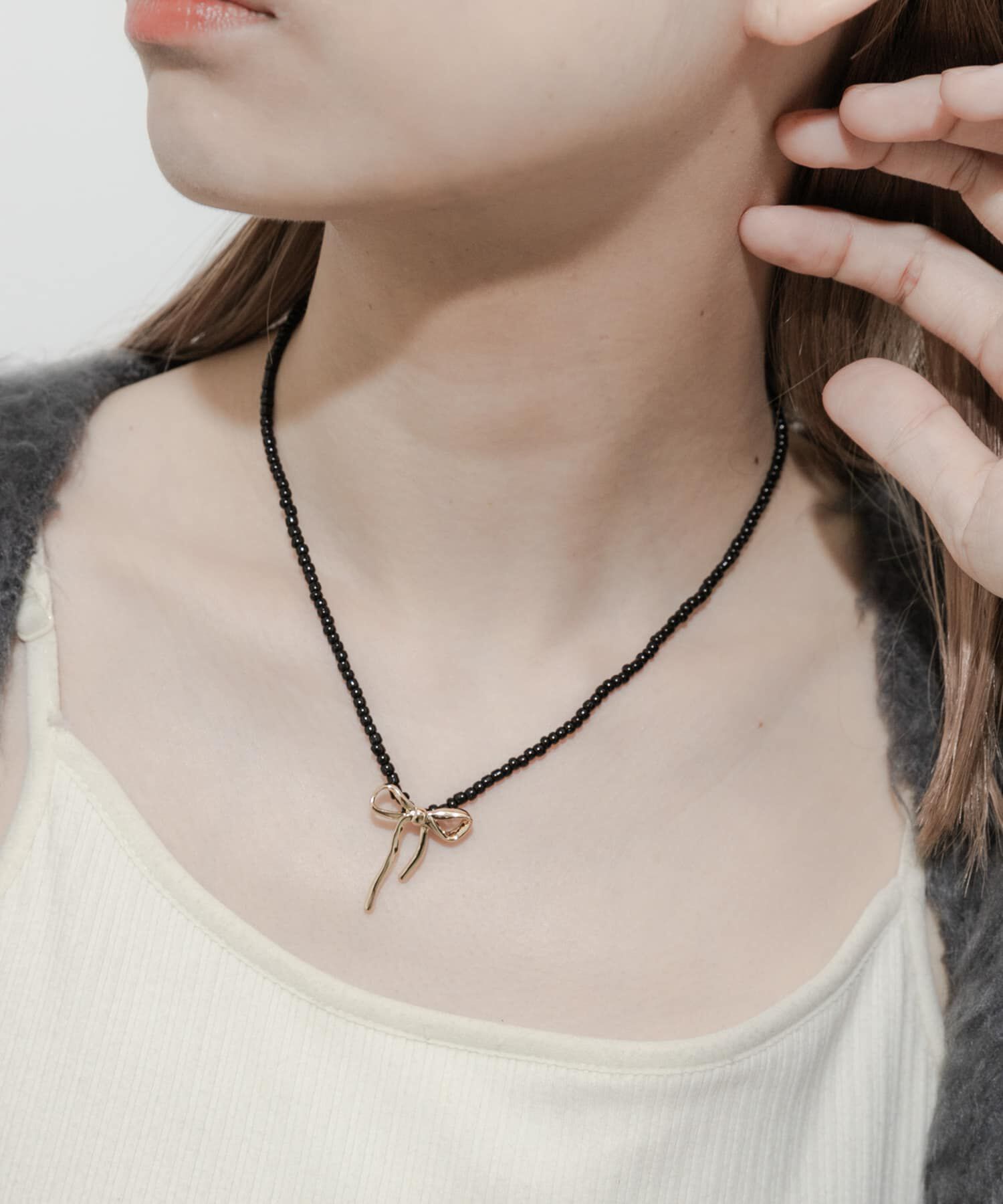 SMELLY「ビーズメタルリボントップネックレス」|ネックレス|
