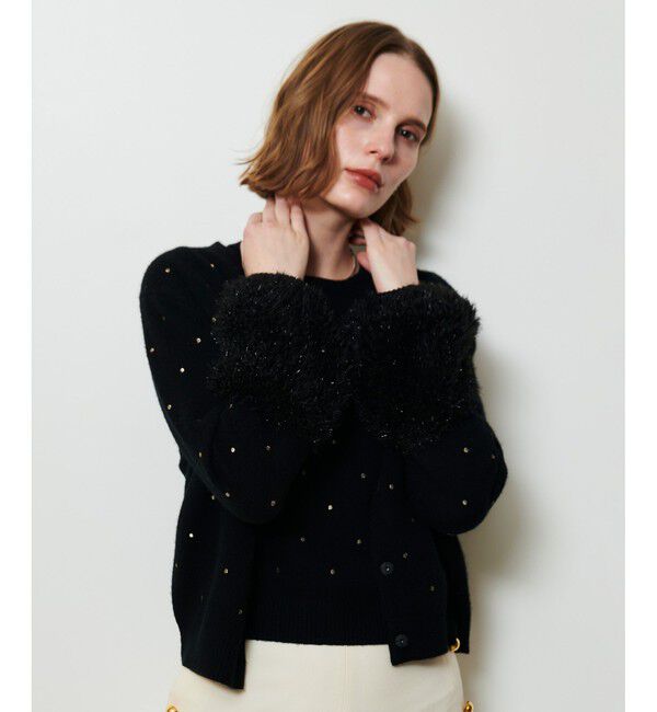 allureville「エンブロイダリードットフェイクファーカフスカーディガン」|カーディガン|