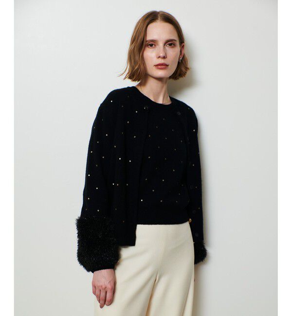 allureville「エンブロイダリードットフェイクファーカフスカーディガン」|カーディガン|