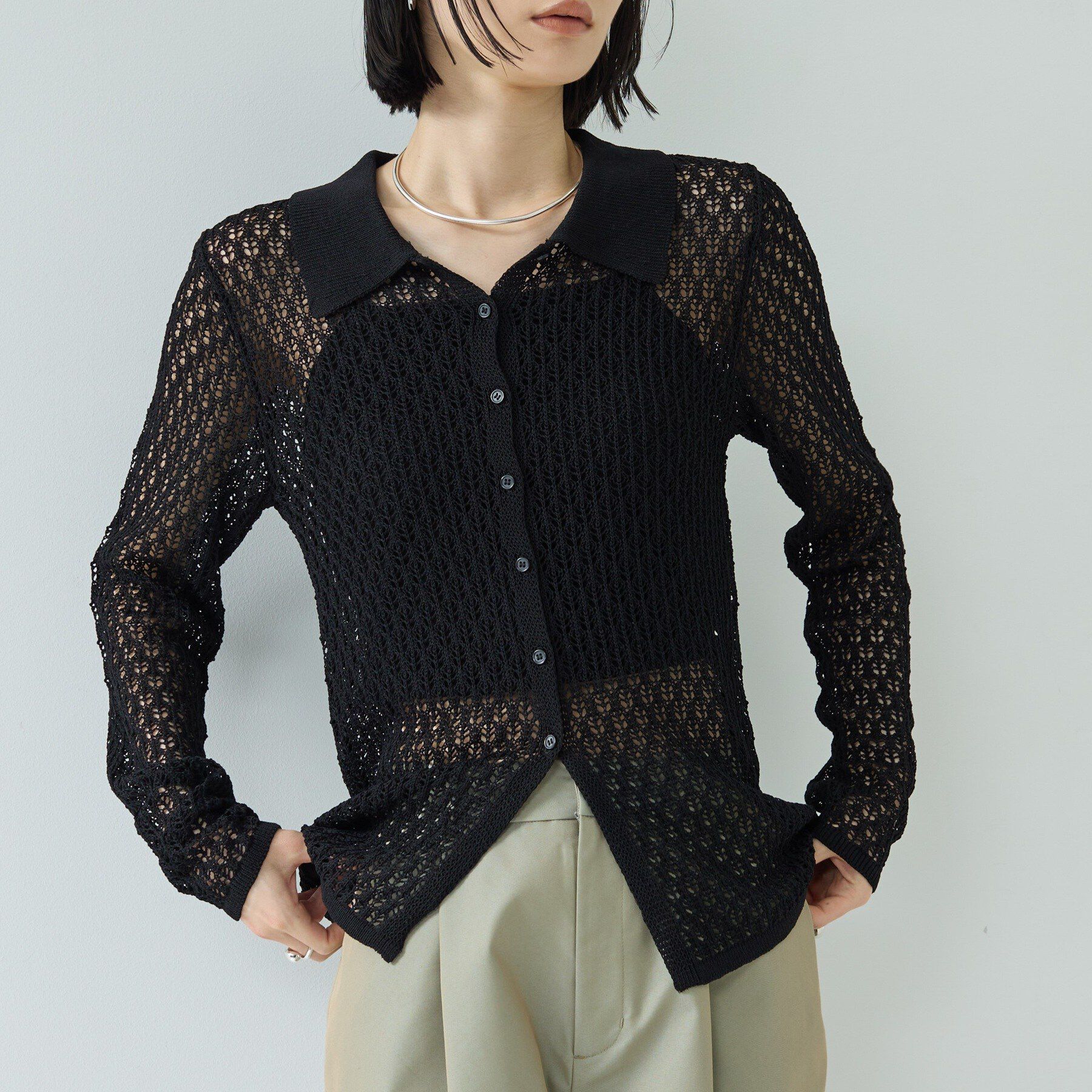 GALLEST「リネンライククロシェポロニット」|ニット・セーター|ブラック(019)
