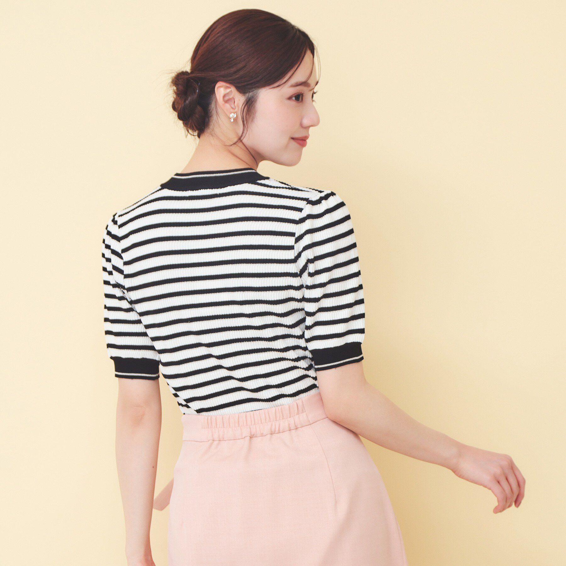 index「変わり編みボーダー半袖ニット【洗濯機OK／坑ピル】」|ニット・セーター|