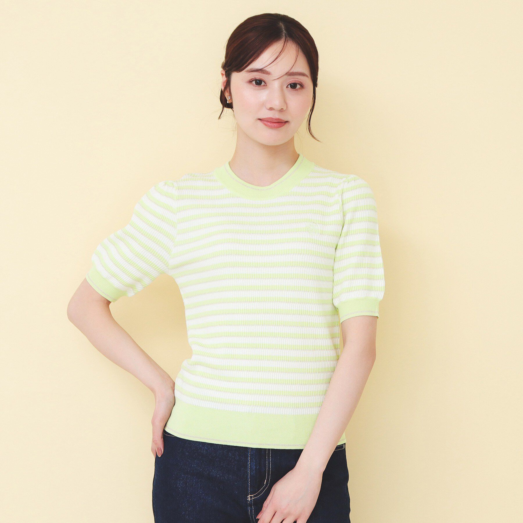 index「変わり編みボーダー半袖ニット【洗濯機OK／坑ピル】」|ニット・セーター|