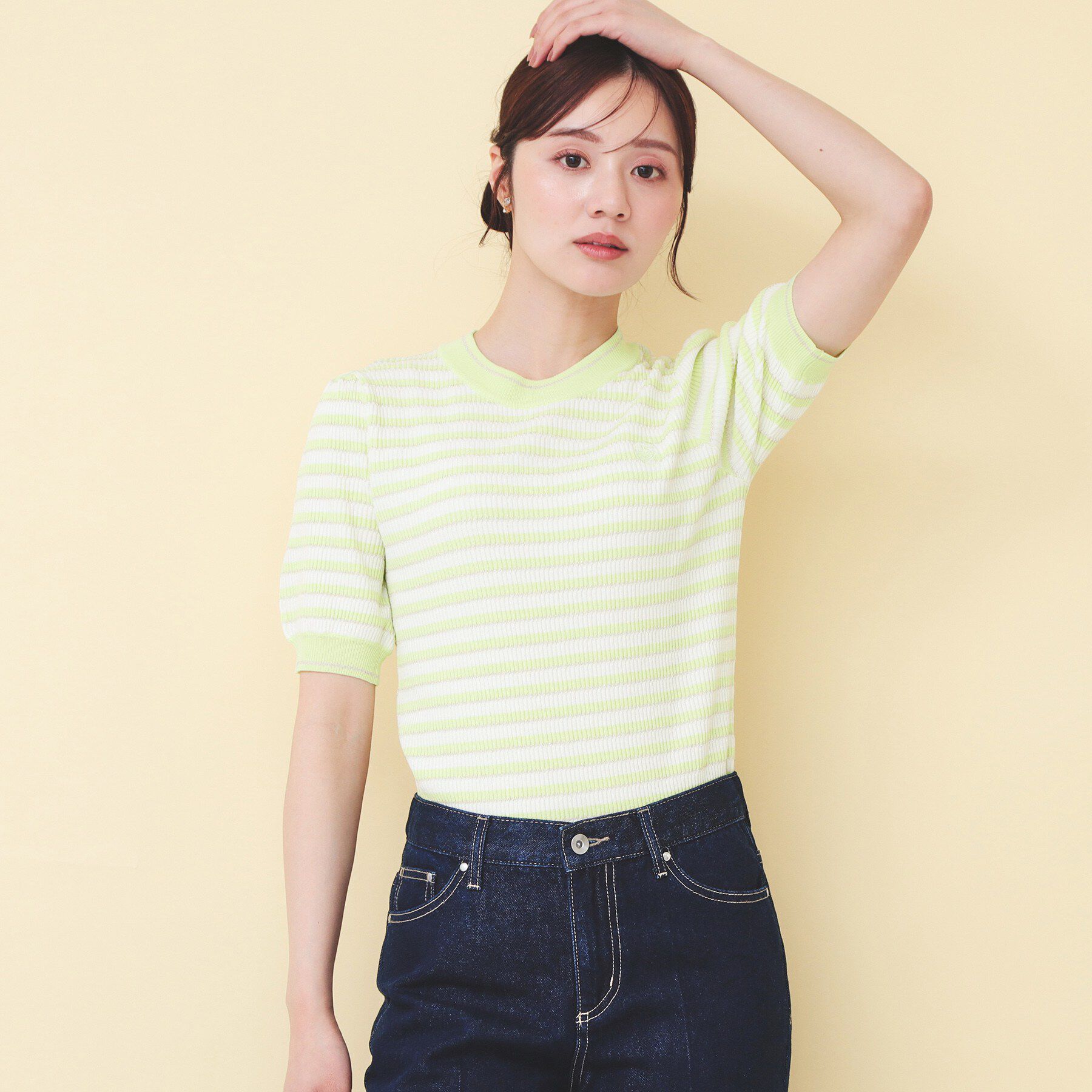 index「変わり編みボーダー半袖ニット【洗濯機OK／坑ピル】」|ニット・セーター|