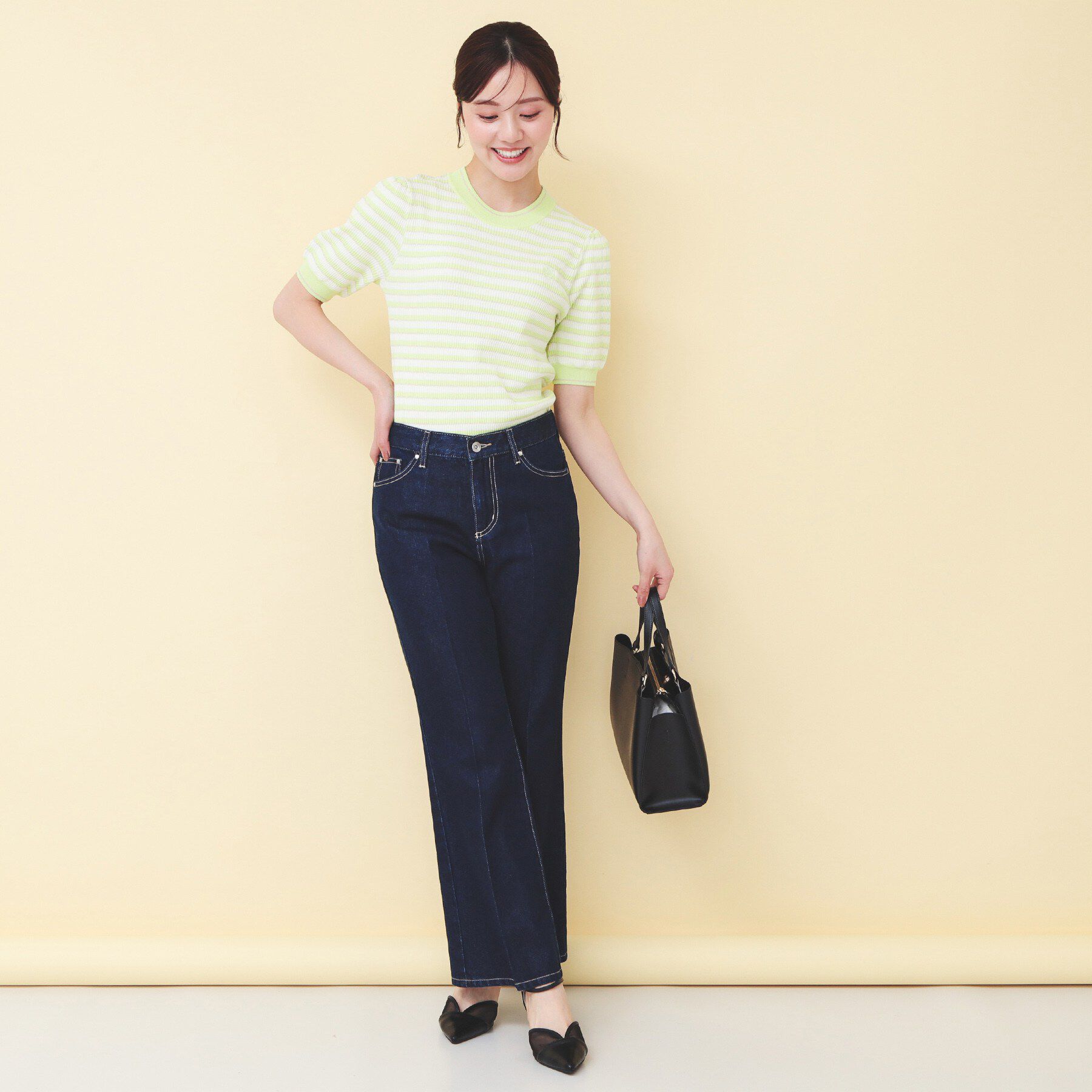 index「変わり編みボーダー半袖ニット【洗濯機OK／坑ピル】」|ニット・セーター|