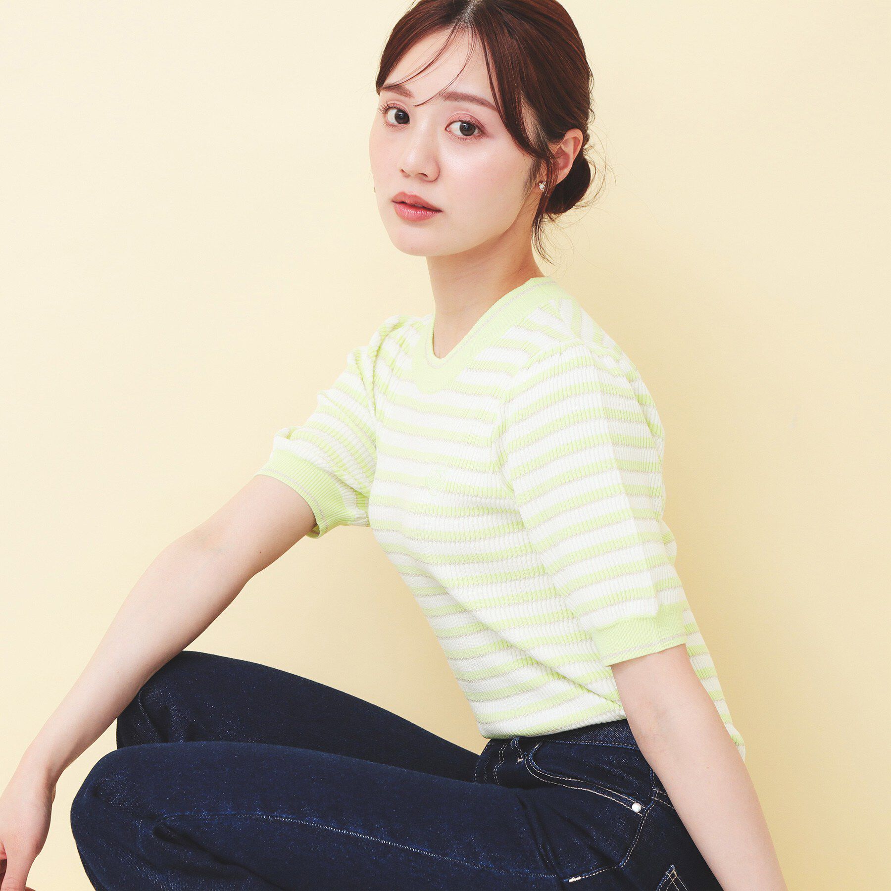 index「変わり編みボーダー半袖ニット【洗濯機OK／坑ピル】」|ニット・セーター|ミントグリーン(32