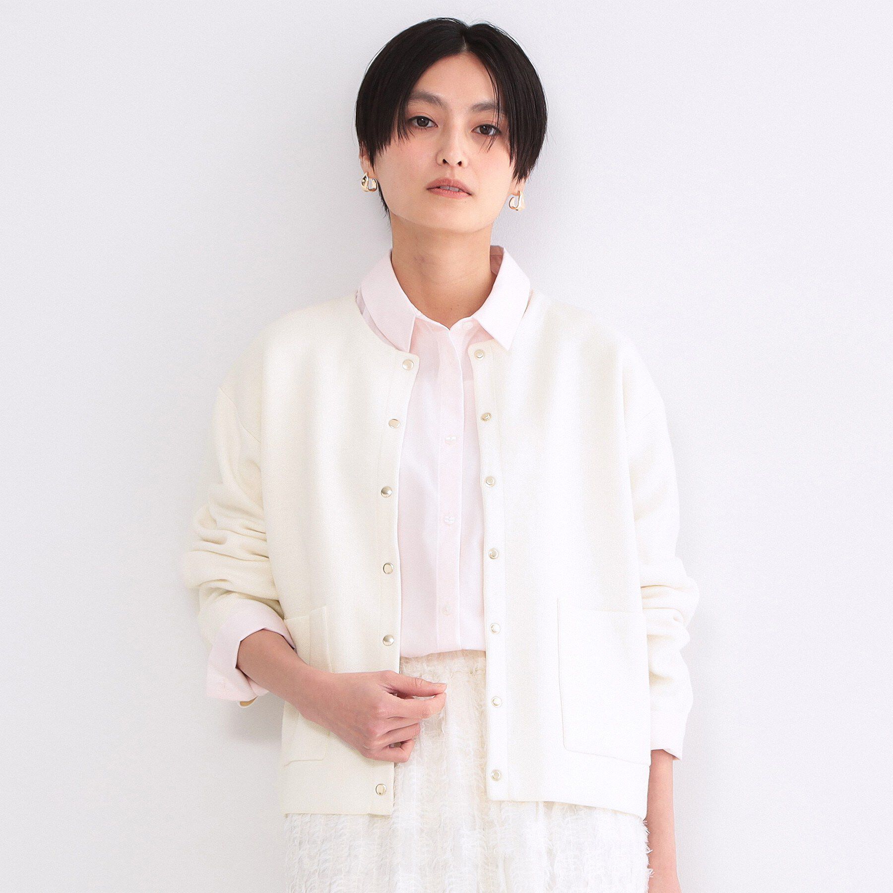 OPAQUE.CLIP「スナップボタンニットカーディガン【洗濯機OK】」|カーディガン|ホワイト(001)