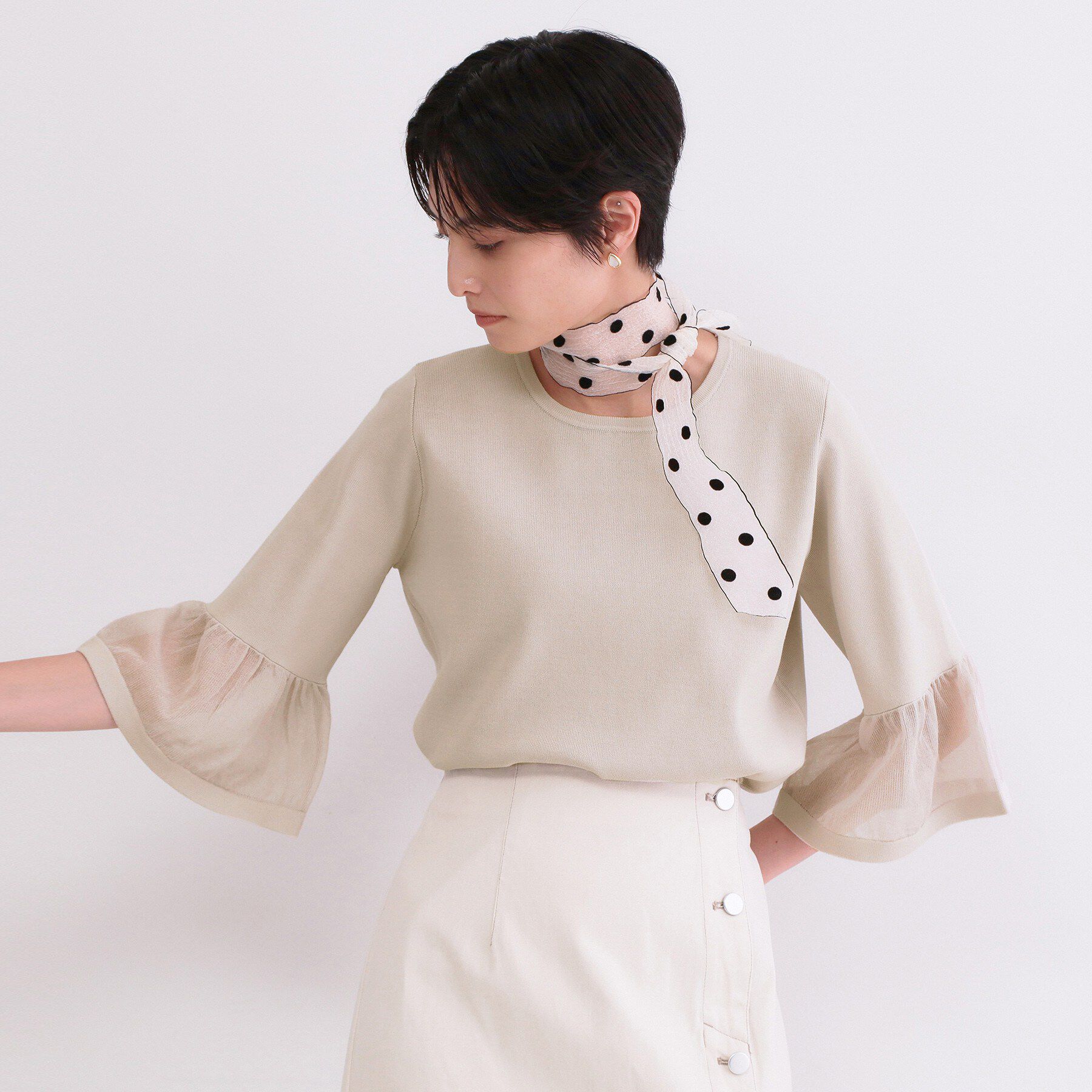 OPAQUE.CLIP「シアーフレアスリーブニット【洗濯機OK/抗ピル】」|ニット・セーター|ライトグレー(011