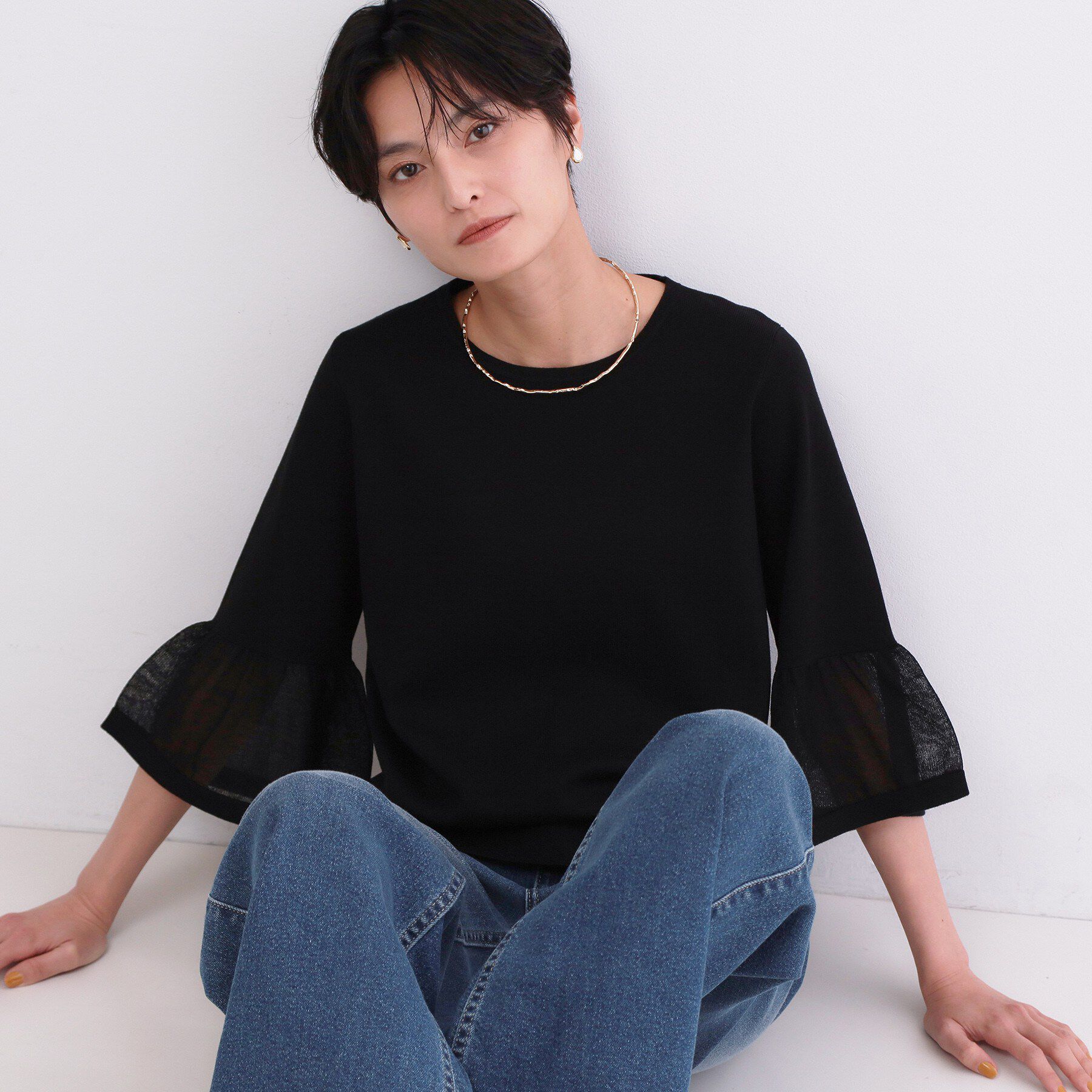 OPAQUE.CLIP「シアーフレアスリーブニット【洗濯機OK/抗ピル】」|ニット・セーター|ブラック(019)