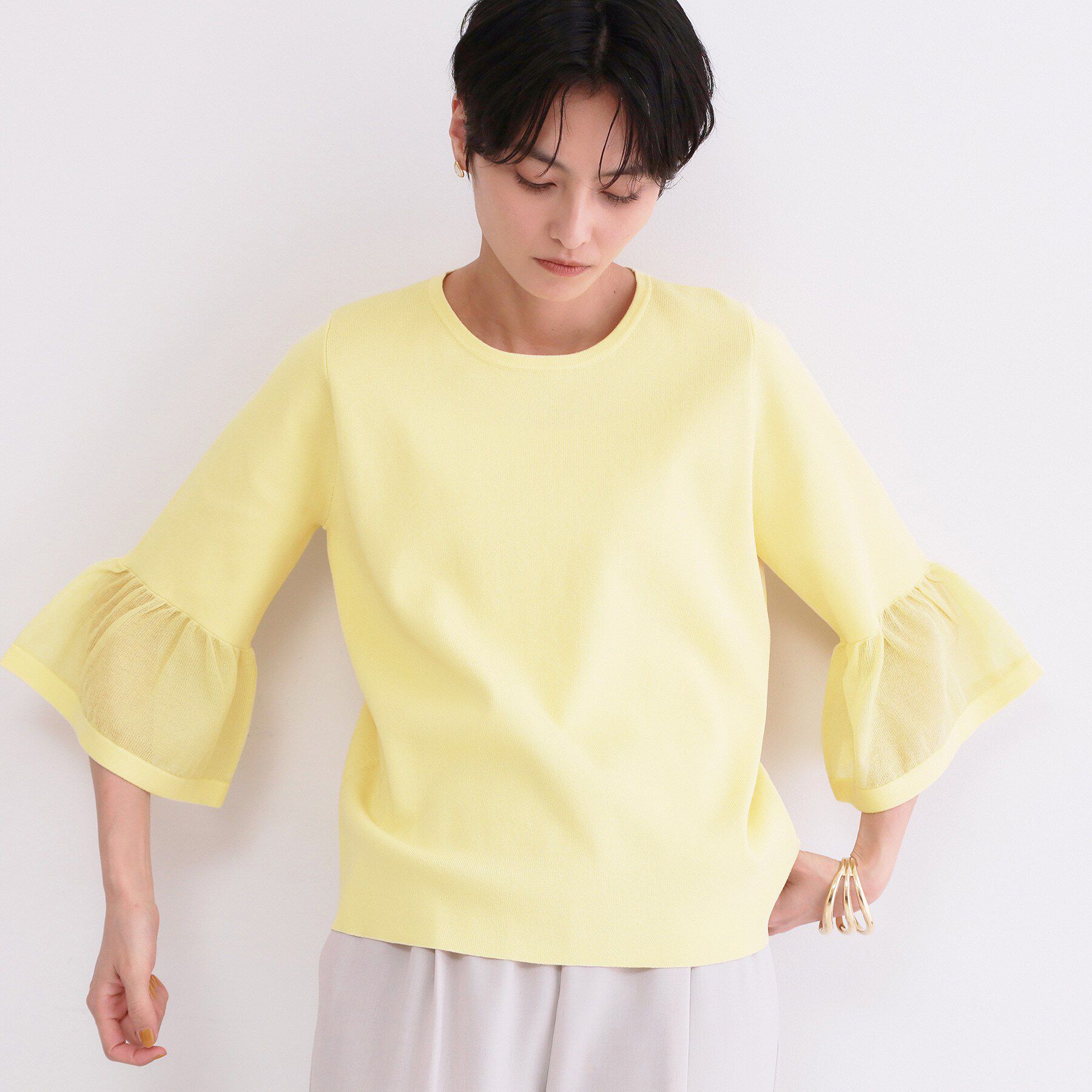 OPAQUE.CLIP「シアーフレアスリーブニット【洗濯機OK/抗ピル】」|ニット・セーター|イエロー(031)
