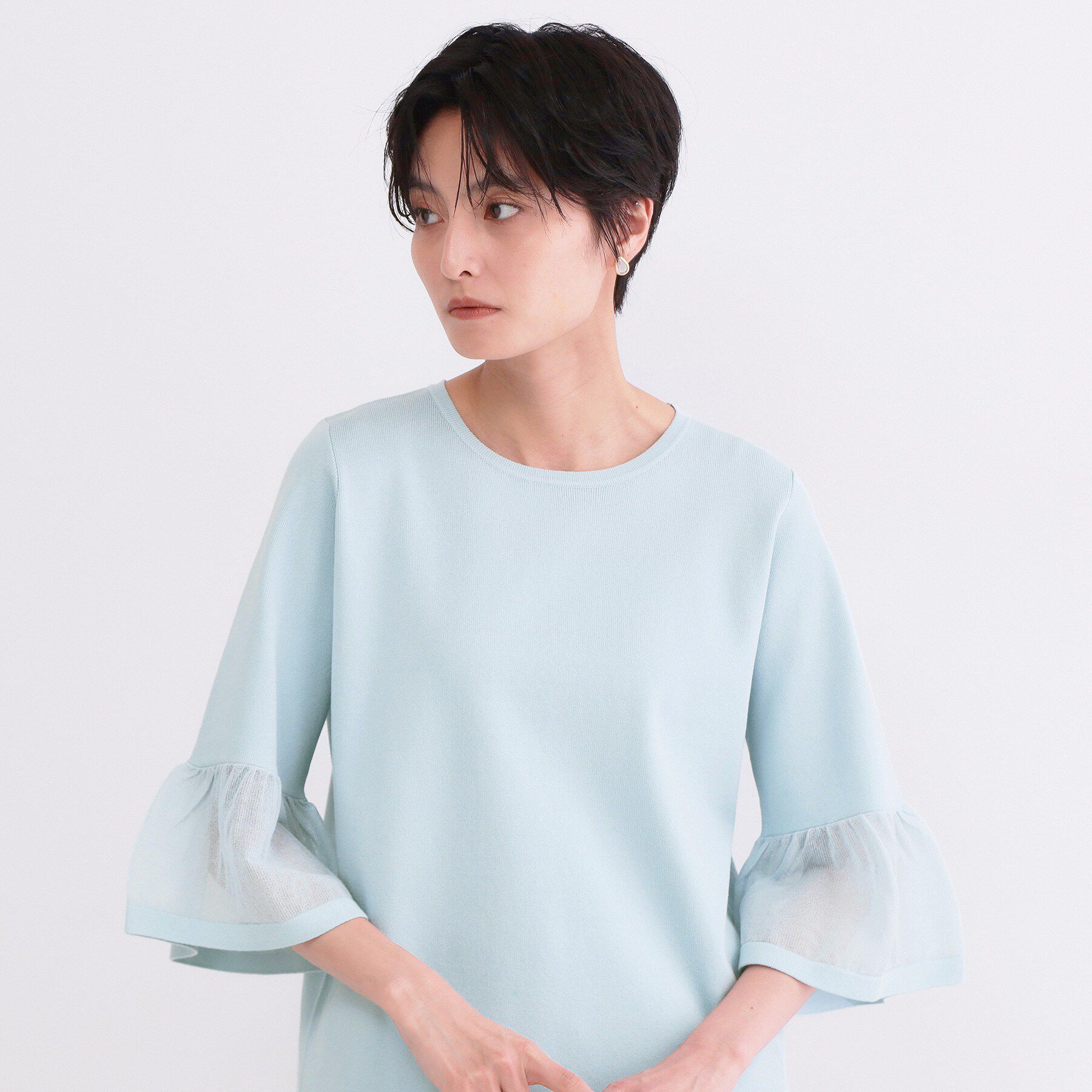 OPAQUE.CLIP「シアーフレアスリーブニット【洗濯機OK/抗ピル】」|ニット・セーター|ブルー(091)