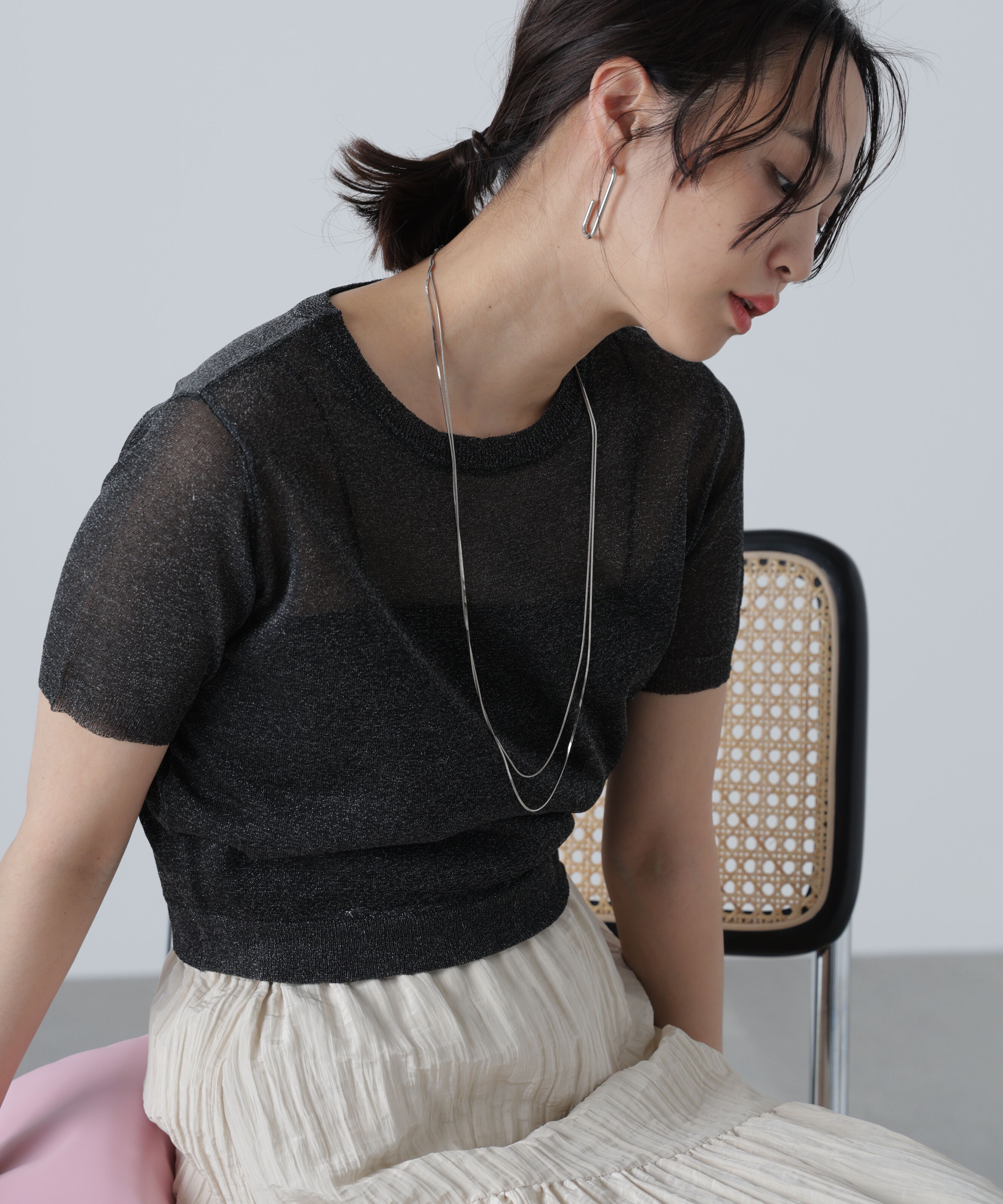  「コンパクトラメシアー半袖ニット」|ニット・セーター|ブラック