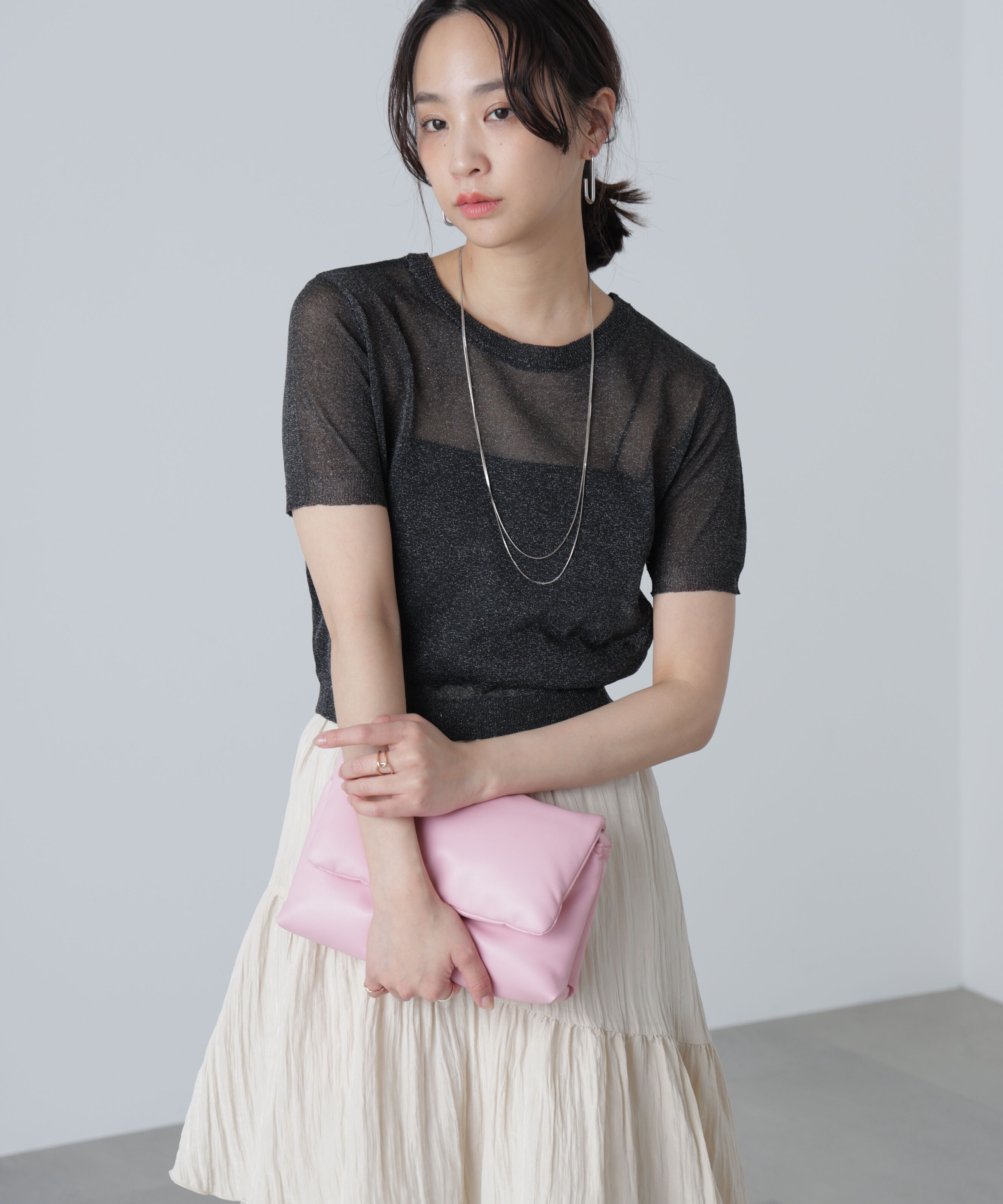  「コンパクトラメシアー半袖ニット」|ニット・セーター|